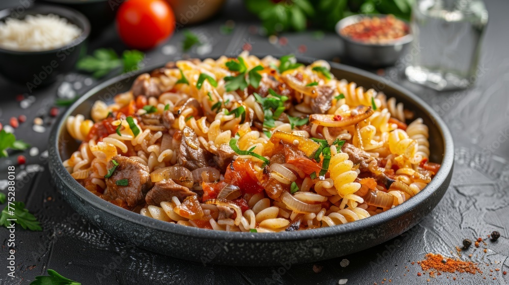 Egyptian dish Kushari, pasta with rice porridge, legumes and vegetables with meat and fried onions. It is dressed with tomato sauce Egyptian dish Kushari, pasta with rice porridge, legumes and vegetables with meat and fried onions. It is dressed with tomato sauce