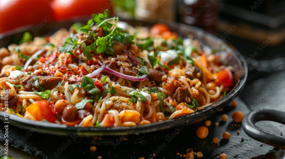 Egyptian dish Kushari, pasta with rice porridge, legumes and vegetables with meat and fried onions. It is dressed with tomato sauce Egyptian dish Kushari, pasta with rice porridge, legumes and vegetables with meat and fried onions. It is dressed with tomato sauce