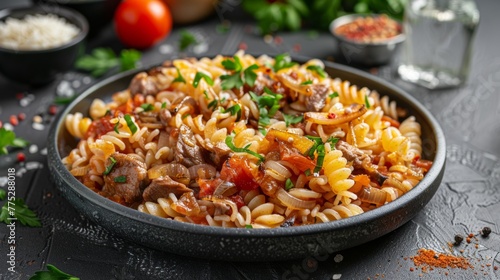 Egyptian dish Kushari, pasta with rice porridge, legumes and vegetables with meat and fried onions. It is dressed with tomato sauce