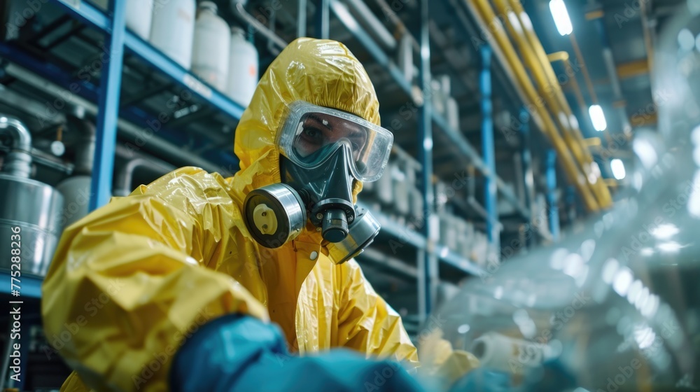A man in a yellow hazmat suit in a factory. Suitable for industrial safety concepts A man in a yellow hazmat suit in a factory. Suitable for industrial safety concepts
