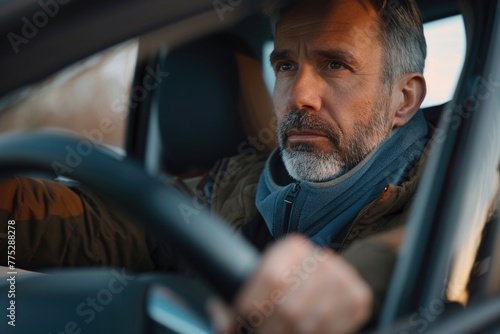 A man driving a car with a scarf around his neck. Perfect for automotive or winter themed designs