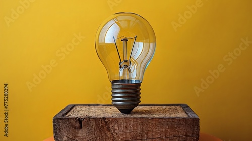 Creative idea concept: magnifying glass and light bulb icon on wooden block against yellow background. photo
