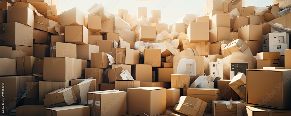 A pile of diverse unnamed boxes in small warehouse. A pile of diverse unnamed boxes in small warehouse.