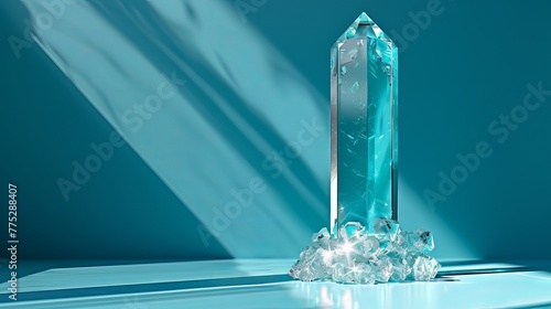 Crystal trophy displayed against a blue background, with ample copy space.