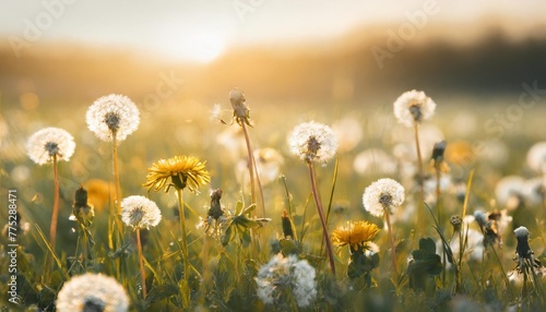 beautiful summer natural background with yellow white flowers daisies clovers and dandelions in grass against of dawn morning ultra wide panoramic landscape banner format