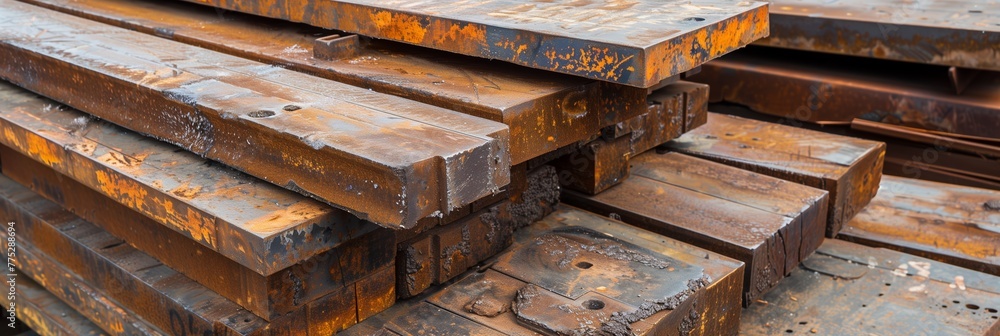 A stack of heavy rusty metal beams with texture details, commonly used in construction and industrial projects A stack of heavy rusty metal beams with texture details, commonly used in construction and industrial projects