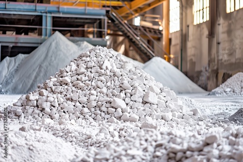 A vast heap of freshly mined gypsum crystals piled in an industrial warehouse, giving insight into mineral processing