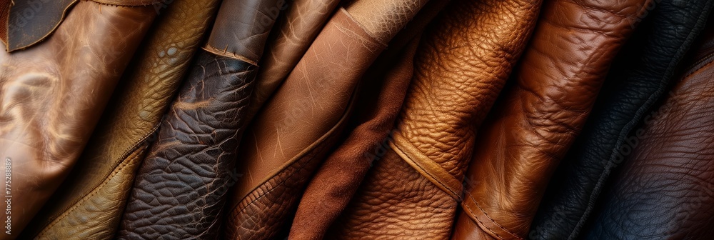 Obraz premium A selection of folded leather pieces in warm brown shades emphasizes the material's natural charm and potential uses