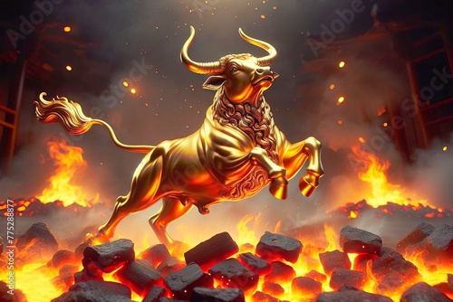Goldener Börsenbulle galoppiert über rot glühende Kohlen und Feuer