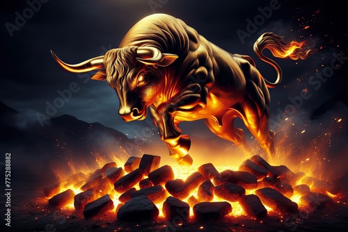 Goldener Börsenbulle galoppiert über rot glühende Kohlen und Feuer