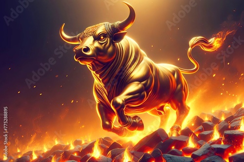 Goldener Börsenbulle galoppiert über rot glühende Kohlen und Feuer