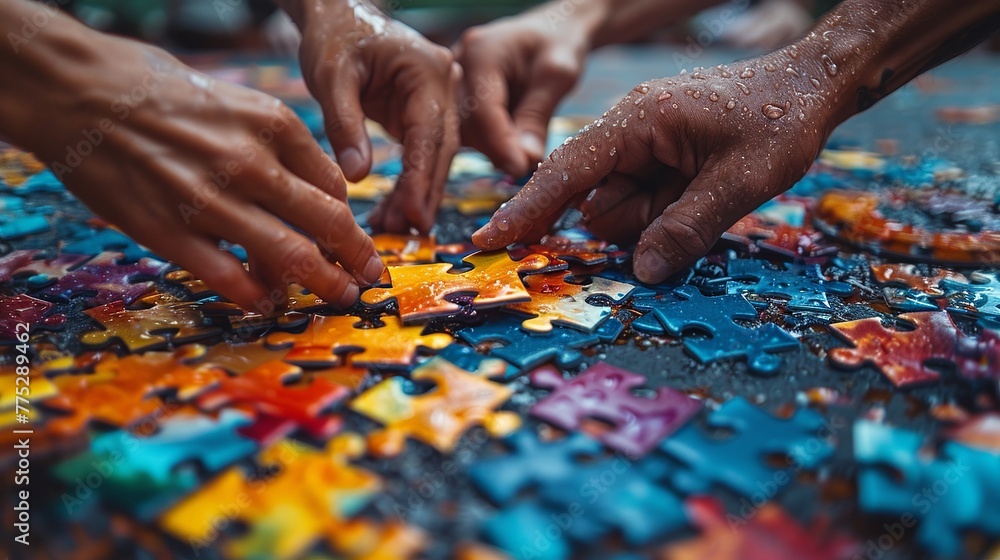 Diverse hands assemble a jigsaw puzzle, with African and Caucasian team members working together to find solutions, illustrating teamwork and collaboration. Diverse hands assemble a jigsaw puzzle, with African and Caucasian team members working together to find solutions, illustrating teamwork and collaboration.