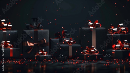 Black gift boxes with red bows and ribbons. Perfect for holiday and celebration concepts © Fotograf