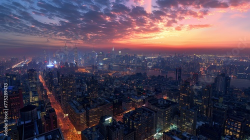 Hyperrealistic dusk cityscape skyscrapers aglow with intricate lights from high vantage point