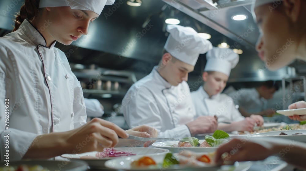 Chefs working together in a busy kitchen, perfect for culinary concepts Chefs working together in a busy kitchen, perfect for culinary concepts