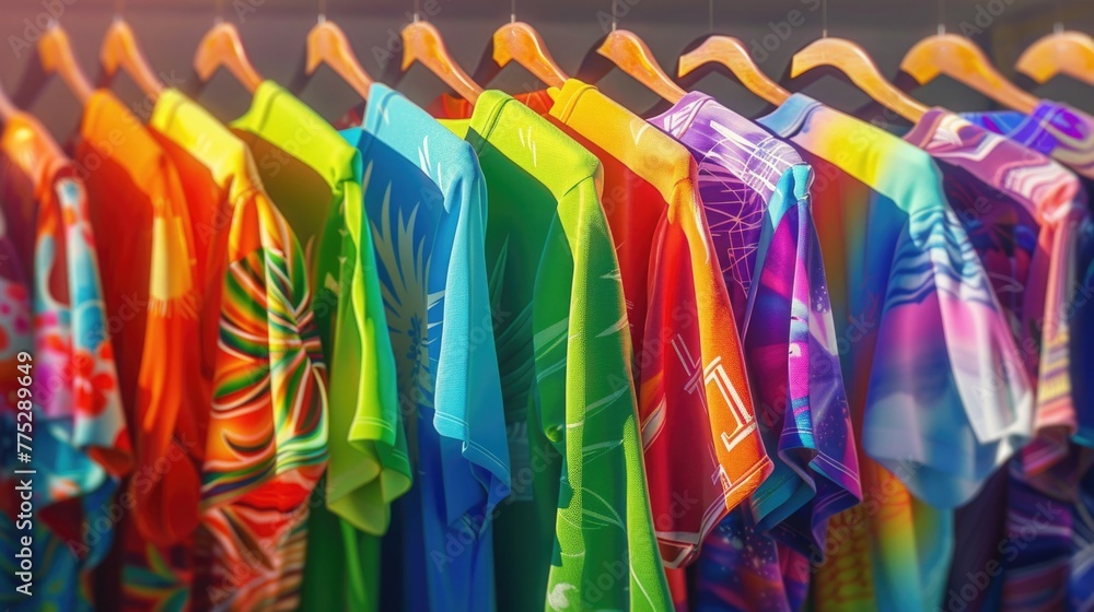 Colorful shirts hanging on a rack, suitable for clothing store concept