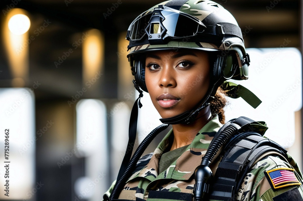 A woman in a camouflage uniform stands in front of a black background A woman in a camouflage uniform stands in front of a black background