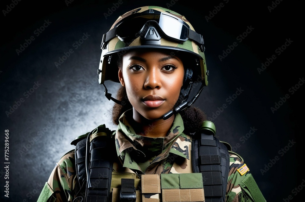 A woman in a camouflage uniform stands in front of a black background A woman in a camouflage uniform stands in front of a black background