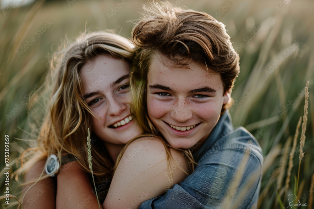 A boy and a girl are hugging and smiling in a field A boy and a girl are hugging and smiling in a field