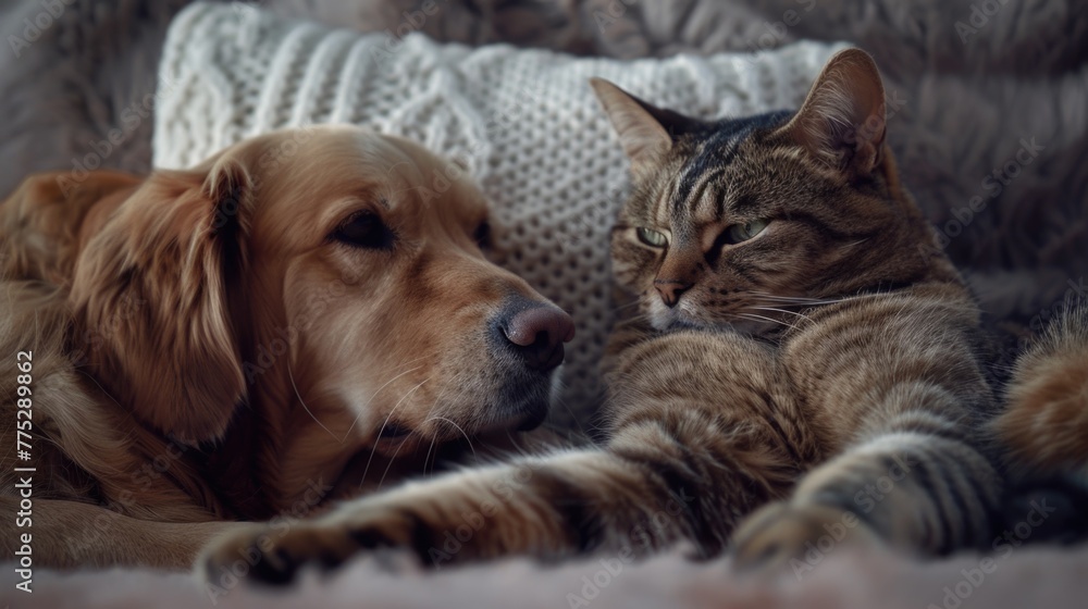 A cat and a dog laying together on a comfortable couch. Suitable for pet lovers or home decor concepts A cat and a dog laying together on a comfortable couch. Suitable for pet lovers or home decor concepts