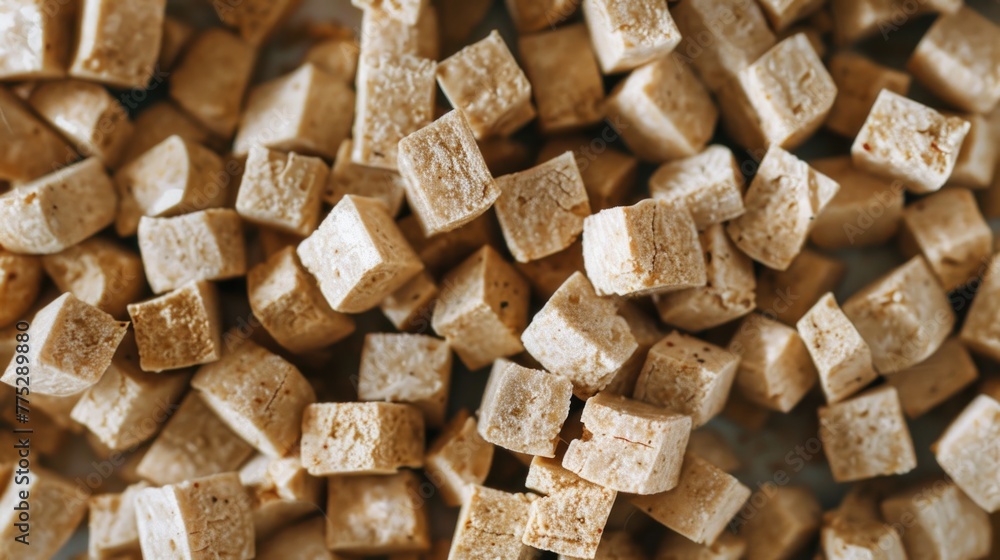 Fresh tofu cubes on a wooden table, versatile for various culinary concepts Fresh tofu cubes on a wooden table, versatile for various culinary concepts