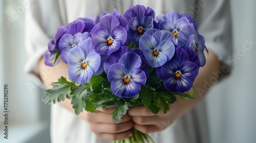   A detailed portrait of someone clutching a bouquet containing blue and purple blossoms, surrounded by foliage at the base