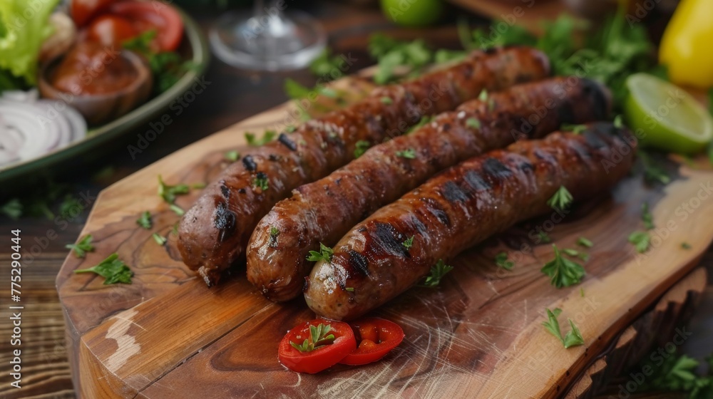Egyptian dish Mombar sausages, on a wooden board. Egyptian dish Mombar sausages, on a wooden board.