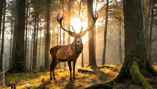 powerful spirit of nature with glowing antlers in the magical forest landscape mystical creature guardian of the woods © joesph