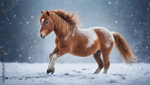 Typical Icelandic horse in winter landscape with falling snow.
