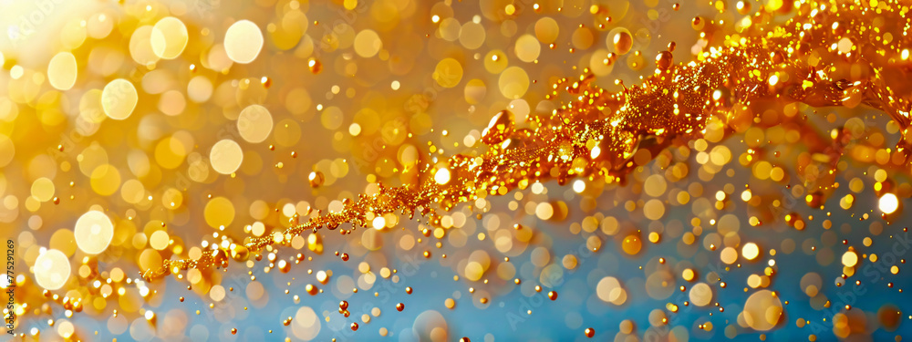 Golden bokeh lights, creating a festive and magical atmosphere with sparkling and shiny effects