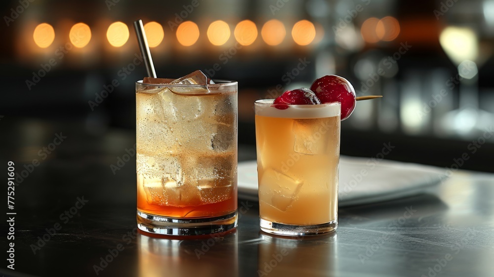 A couple of drinks sit on a table, next to each other and a plate A couple of drinks sit on a table, next to each other and a plate