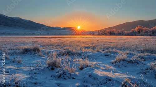   The sun descends on a snow-covered meadow surrounded by towering peaks and swaying trees in the foreground