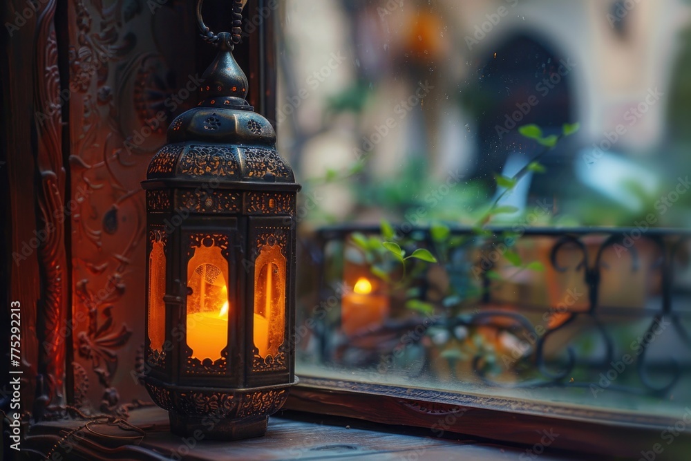 A lantern sitting on top of a window sill. Perfect for home decor themes A lantern sitting on top of a window sill. Perfect for home decor themes