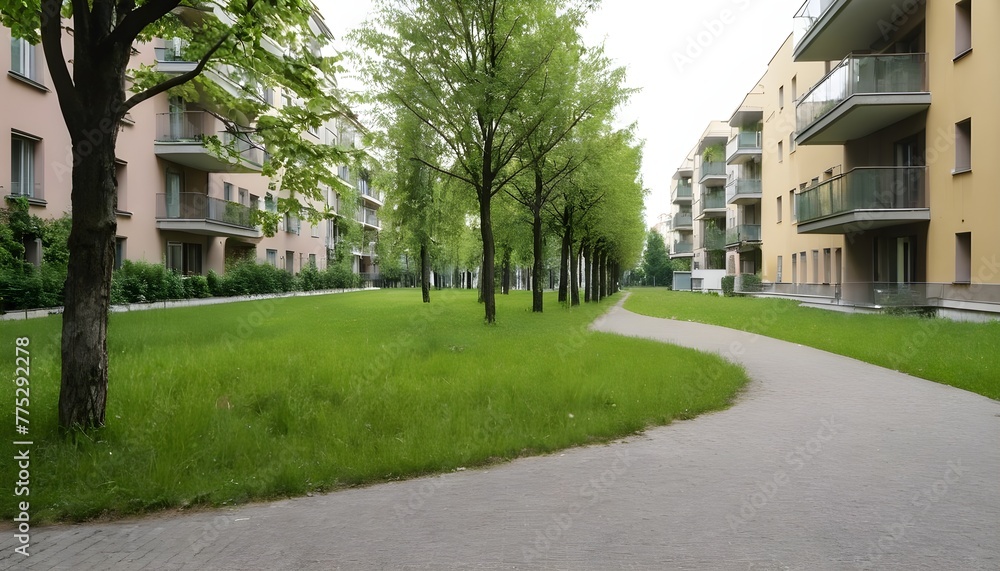 Modern residential buildings in a green area of the city. European apartment houses. Milan, Italy in the summer. And trees and grass in the walking area