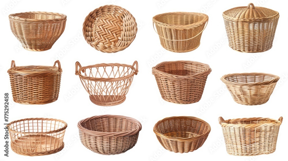 Various wicker baskets on a white background, perfect for home decor projects Various wicker baskets on a white background, perfect for home decor projects