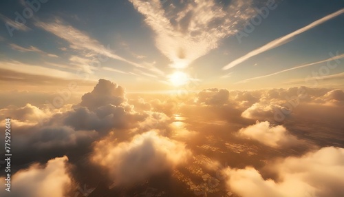 ai generated ai generative air drone aerial view cloudscape landscape nature outdoor fly from above earth clouds sun sunbeams graphic art