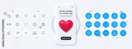 Phone mockup with 3d heart icon. Be true, Heart flame and World brand line icons. Pack of Friends world, One love, Love message icon. Dating network, Heart target, Honeymoon cruise pictogram. Vector