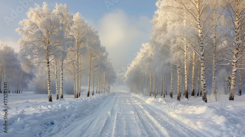  A snow-covered road winds through a dense forest, surrounded by towering trees and blanketed in snow