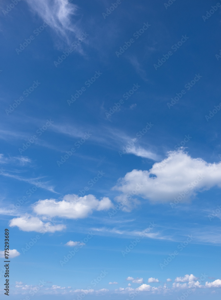 Sky with fluffy white clouds filling the blue expanse.