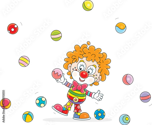 Funny red curly-headed circus clown juggling with merrily jumping colorful toy balls in a fun performance, vector cartoon illustration isolated on a white background