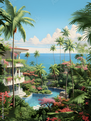 Illustration of tropical landscape nature with palm trees and ocean in summer 