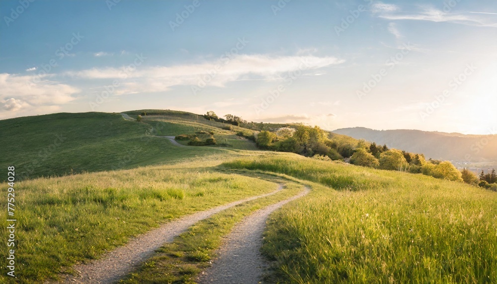 panoramic spring landscape picturesque winding path through a green grass field in hilly landscape with blue sky