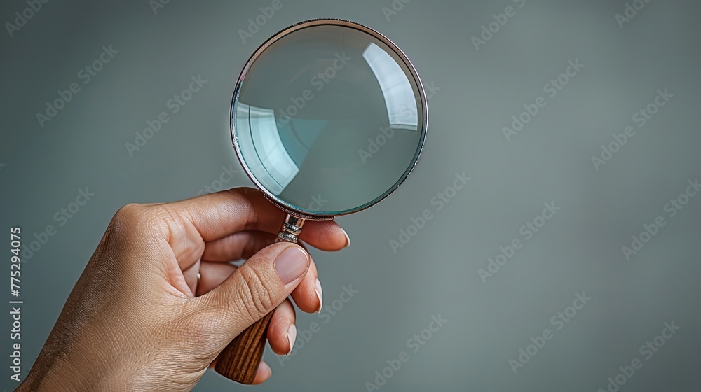 Hand holding a magnifying glass against a blank background. Hand holding a magnifying glass against a blank background.
