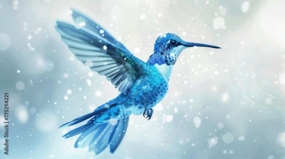 Fototapeta premium A beautiful blue hummingbird flying through the air. Perfect for nature and wildlife themes