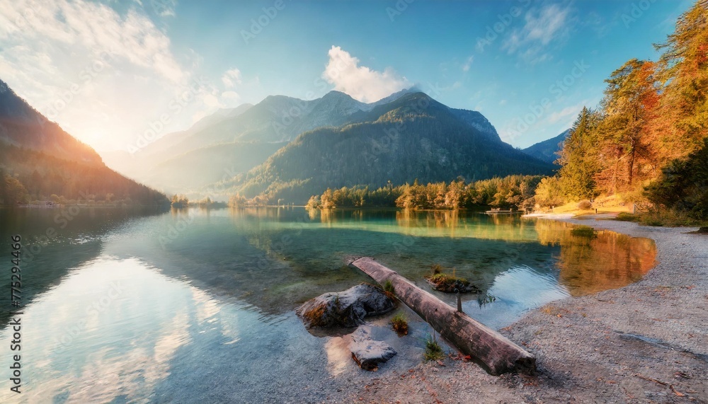 incredible autumn scene of hintersee lake sunny morning view of bavarian alps on the austrian border germany europe beauty of nature concept background orton effect - obrazy, fototapety, plakaty 