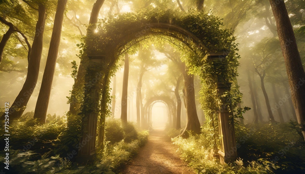 3d illustration of a vine covered archway in a magical forest with mist on a spring day