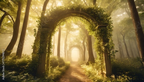 3d illustration of a vine covered archway in a magical forest with mist on a spring day © joesph