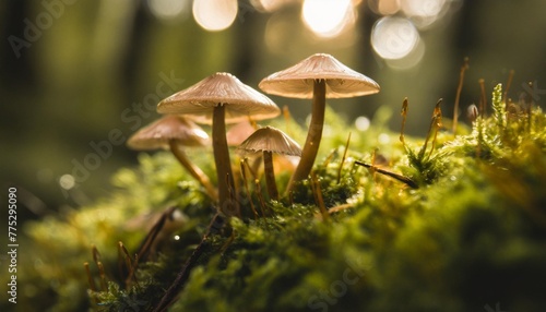 a captivating macro photograph of damp tiny mushrooms emerging from the damp forest floor with their rich earthy tones contrasting against the green moss the image showcases the intricate details an photo