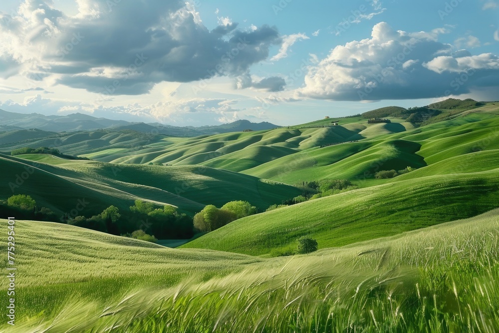 A picturesque view of a green grass field with hills in the background. Suitable for nature and landscape concepts