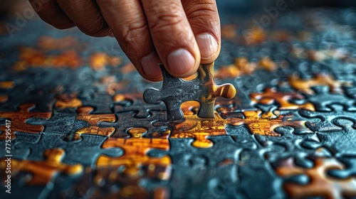 Hand placing the final piece of a jigsaw puzzle to complete the mission.